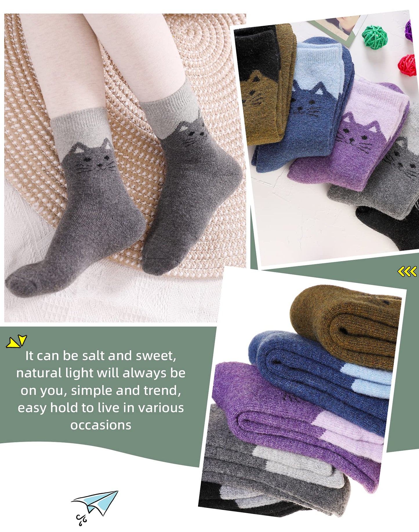 Velice Women Wool Socks Thick Thermal Hiking Warm Winter Crew Cushion Cozy Work Boot Socks 5 Pairs(Cat)