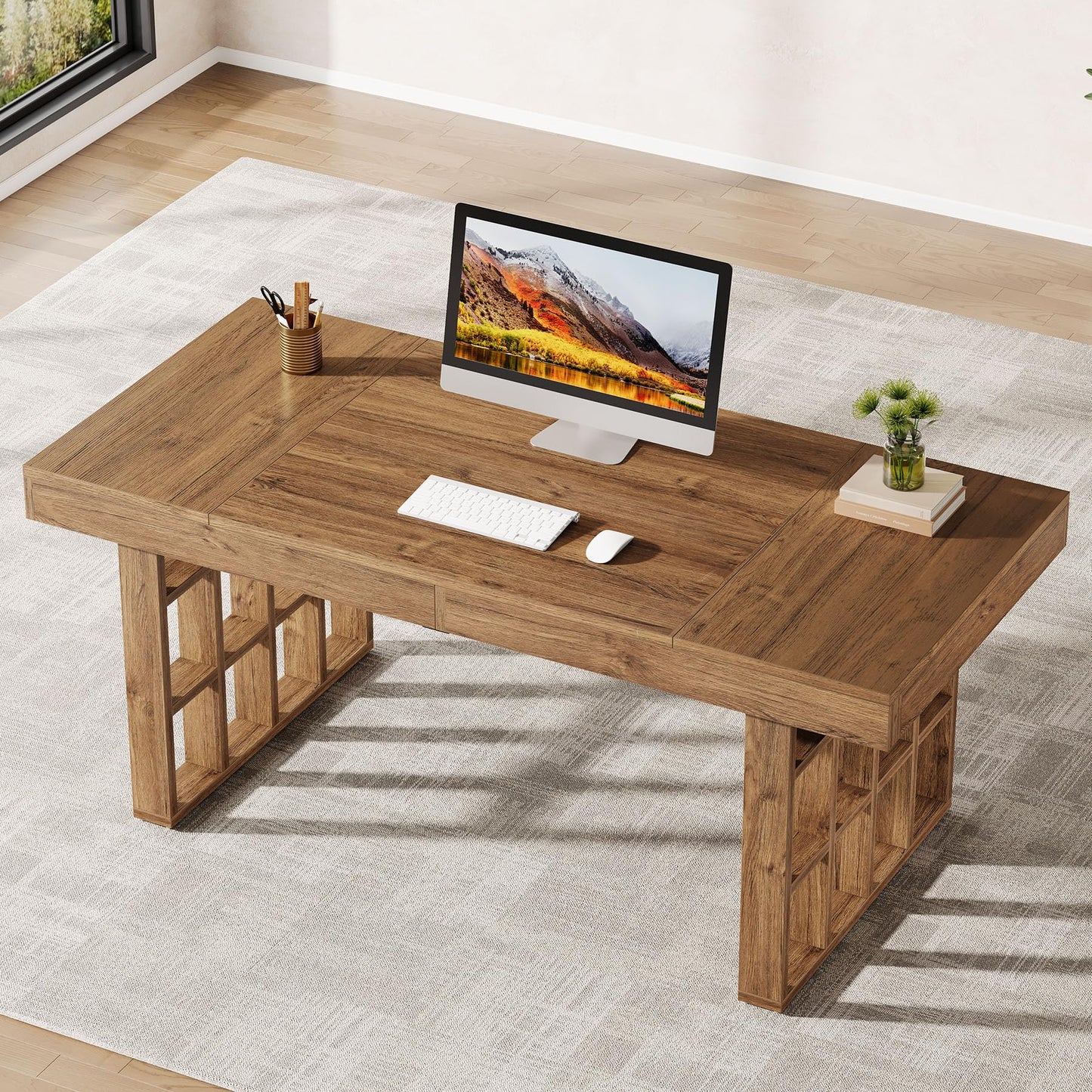 Tribesigns 62.9-Inch Computer Desk, Large Office Executive Desk with Double Pedestal, Simple Wooden Writing Study Table for Home Office