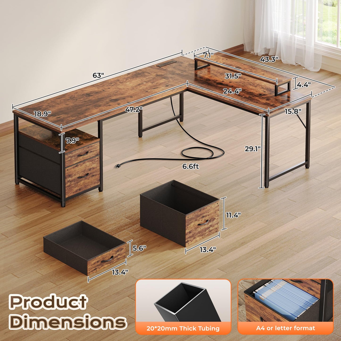 PRAISUN 63 Inch L Shaped Desk with Power Outlets and USB-C Port, Computer Corner Home Office Desk with File Fabric Drawers and Movable Monitor Stand, Larger Storage, Gaming, Writing, Rustic Brown