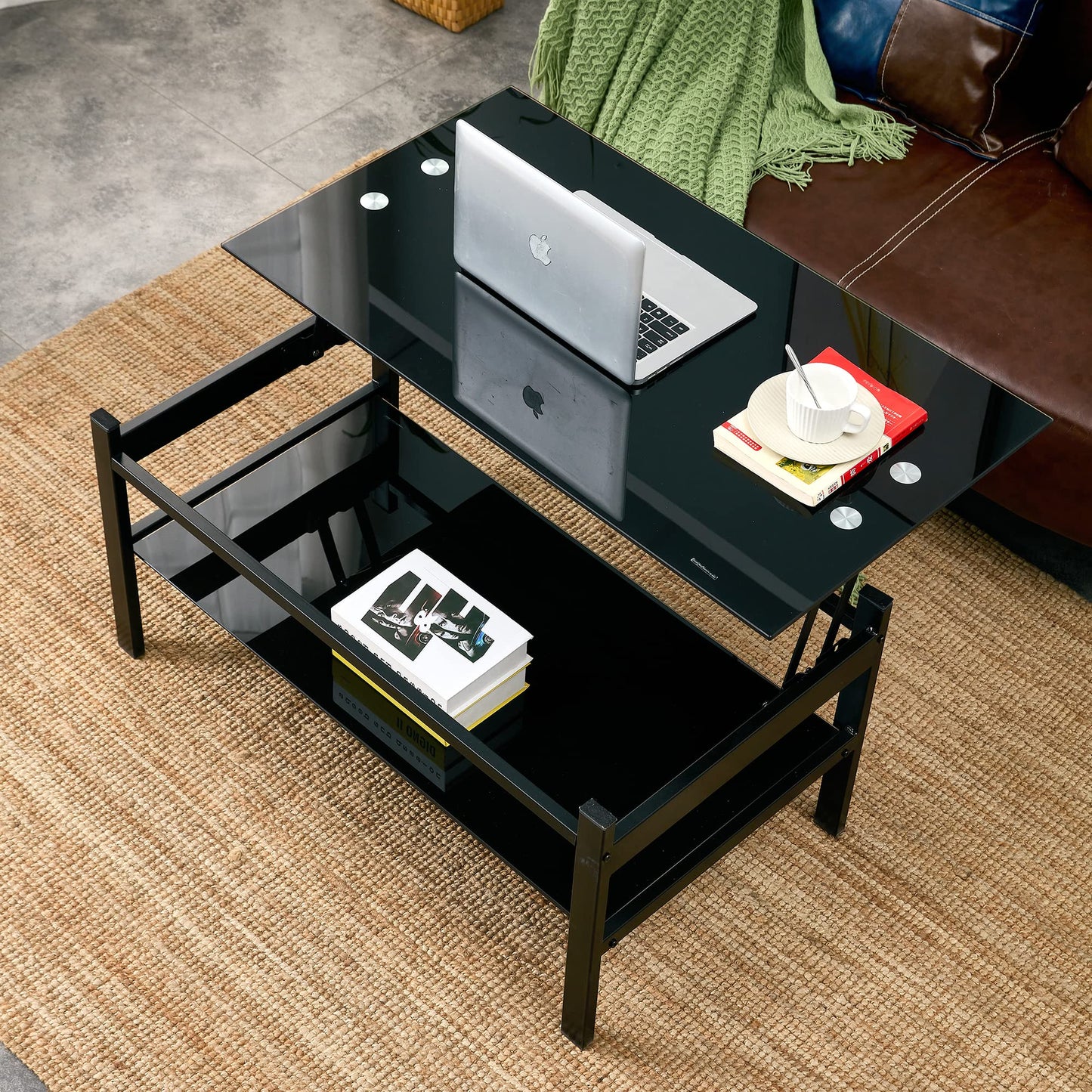 Meihua Lift Top Glass Coffee Table with Storage Compartment and Separated Open Shelves, Lift Tabletop for Living Room Home, Office, Black