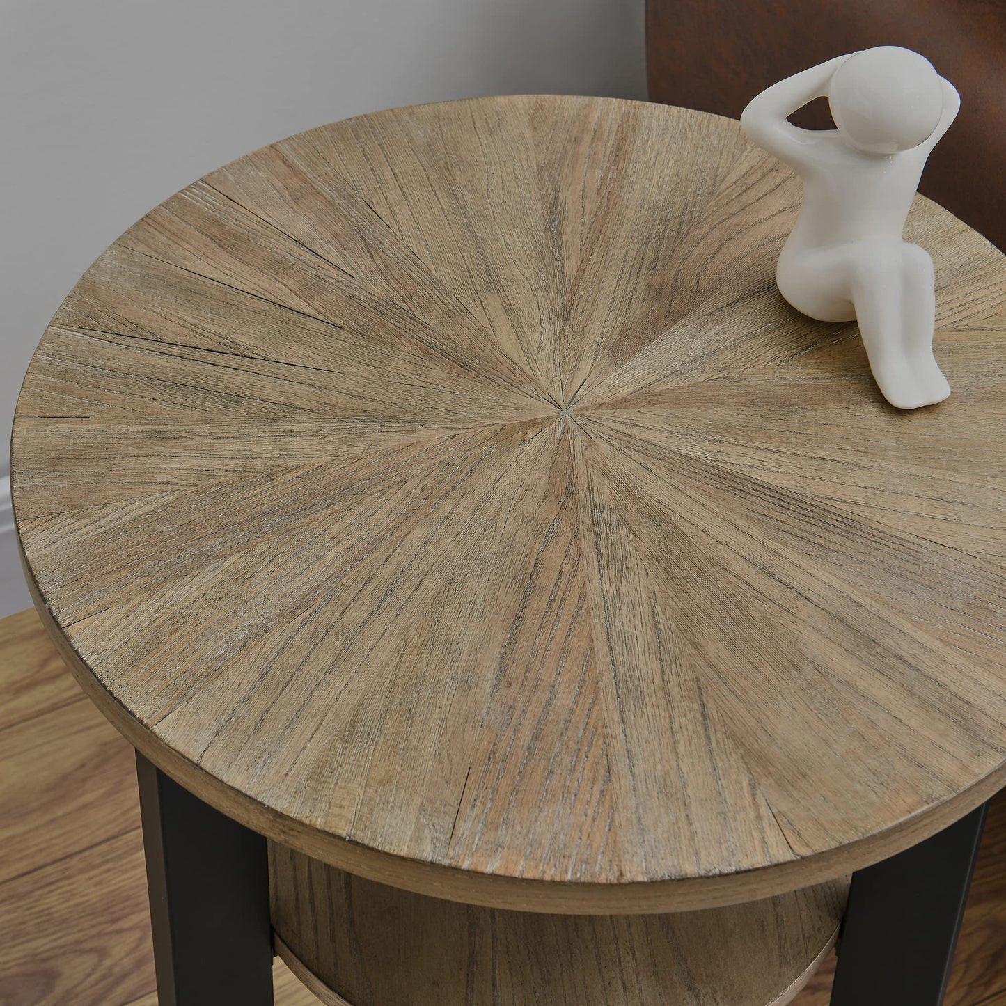 MODERION Round End Table with Storage - Solid Wood & Metal Frame - Corner & Beside Table - Easy Assembly - Living Room, Office & Entryway - Rustic Natural Finish