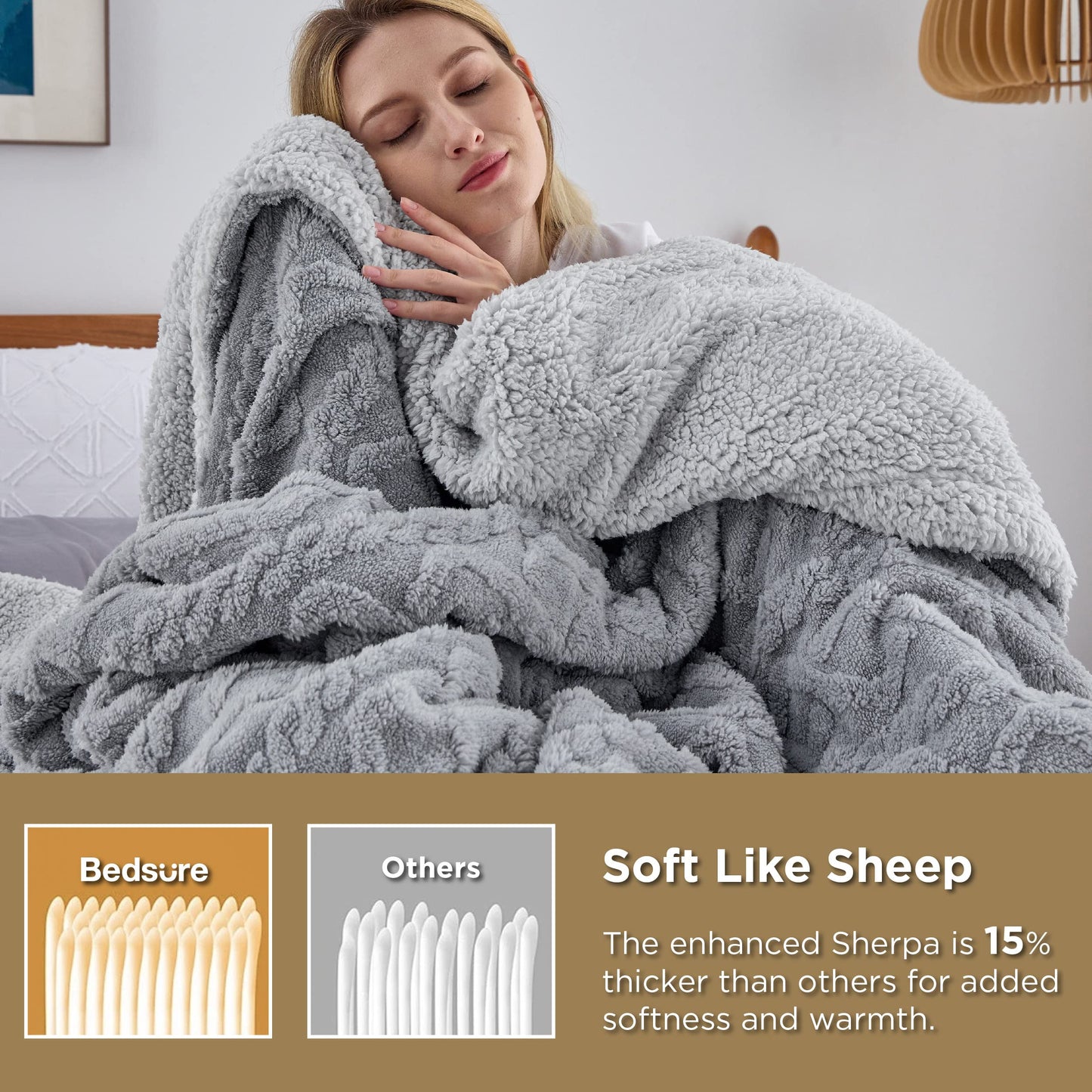 Bedsure Sherpa King Size Blanket for Bed- Fleece Soft Cozy Fuzzy Cable Blankets for Women, Thick Warm for Winter and All Seasons, Grey, 108x90 Inches