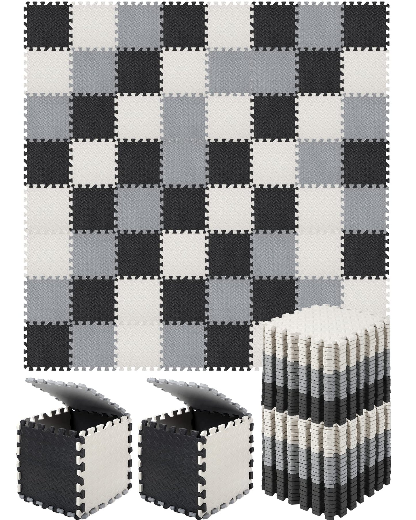 Shihanee Foam Floor Baby Tiles Foam Floor Mats Play Mats Bulk with Borders Interlocking for Kids Baby Playroom Nursery Gym (Black, White and Gray,64ft)