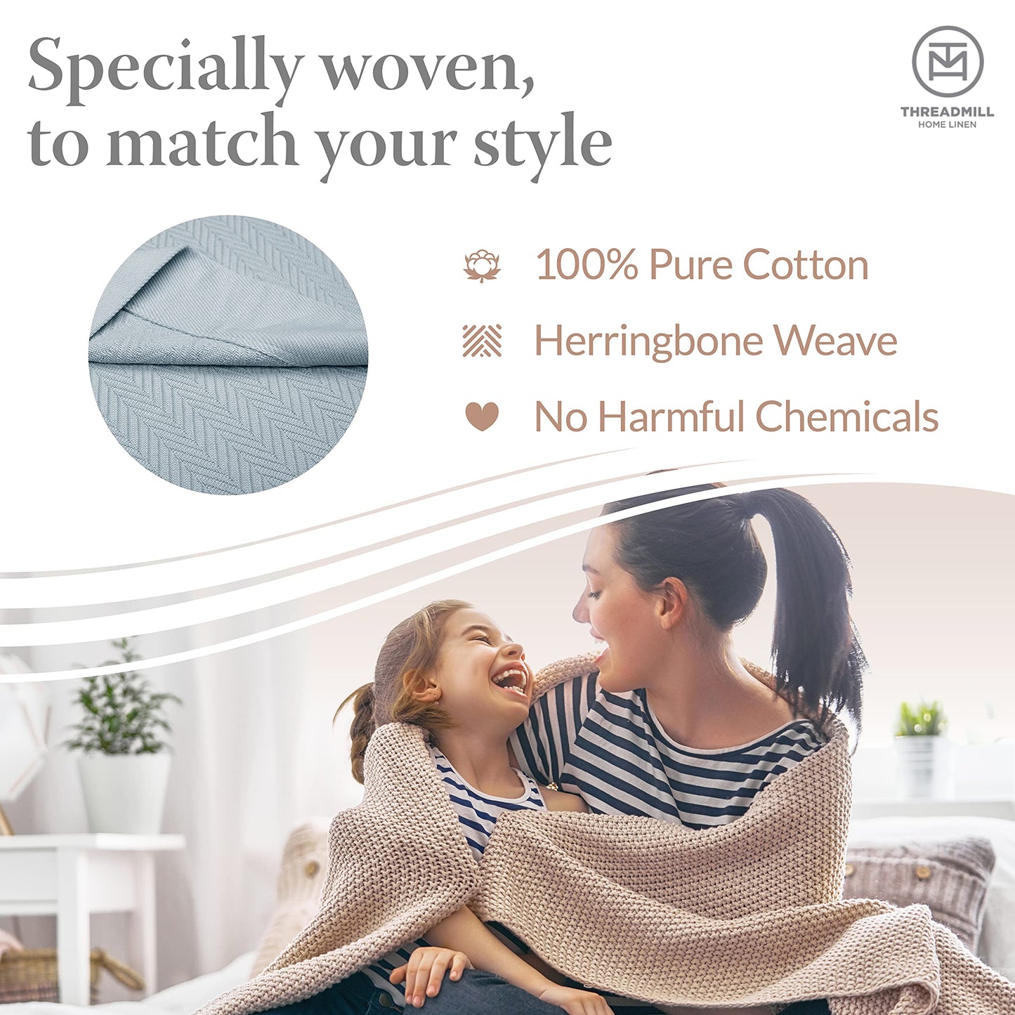 Threadmill Luxury Cotton Blankets for King Size Bed | All-Season Cozy 100% Cotton King Size Blanket | Herringbone Soft Fall Thermal Blanket fits Cal King Size Bed | Scottish Grey