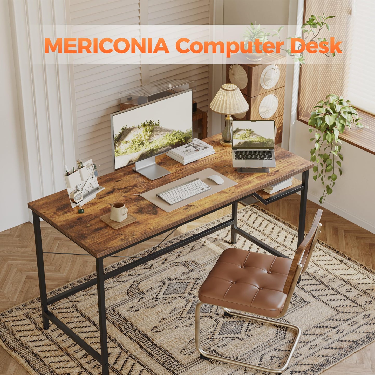 Mericonia Computer Desk, Gaming Desk for Small Spaces, Modern Simple Style Table for Home Office, Study Student Writing Table (Rustic Brown, 48 inch)