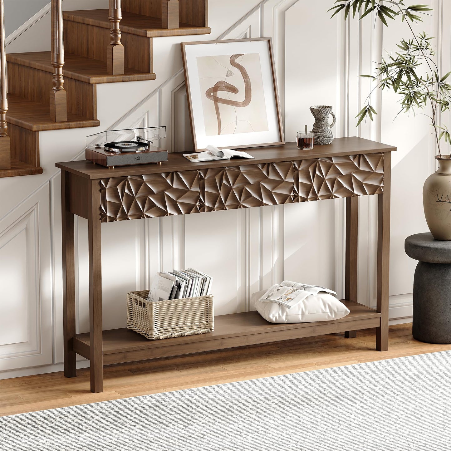 EVEVMINM 51 Inch Modern Console Table Farmhouse Entryway Table with 3 Drawers Narrow Wood Entry Way Table with Open Storage Shelf Long Sofa Table Behind Couch for Hallway, Foyer, Living Room, Walnut