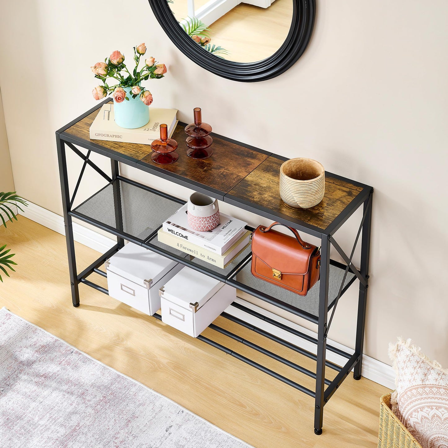 Hoctieon Industrial Console Table, 3 Tier Entryway Tables, Hallway Desk, Narrow Sofa Tables with Shelves, Entrance Table for Entryway, Living Room, Foyer, Hallway, Office, Rustic Brown&Black