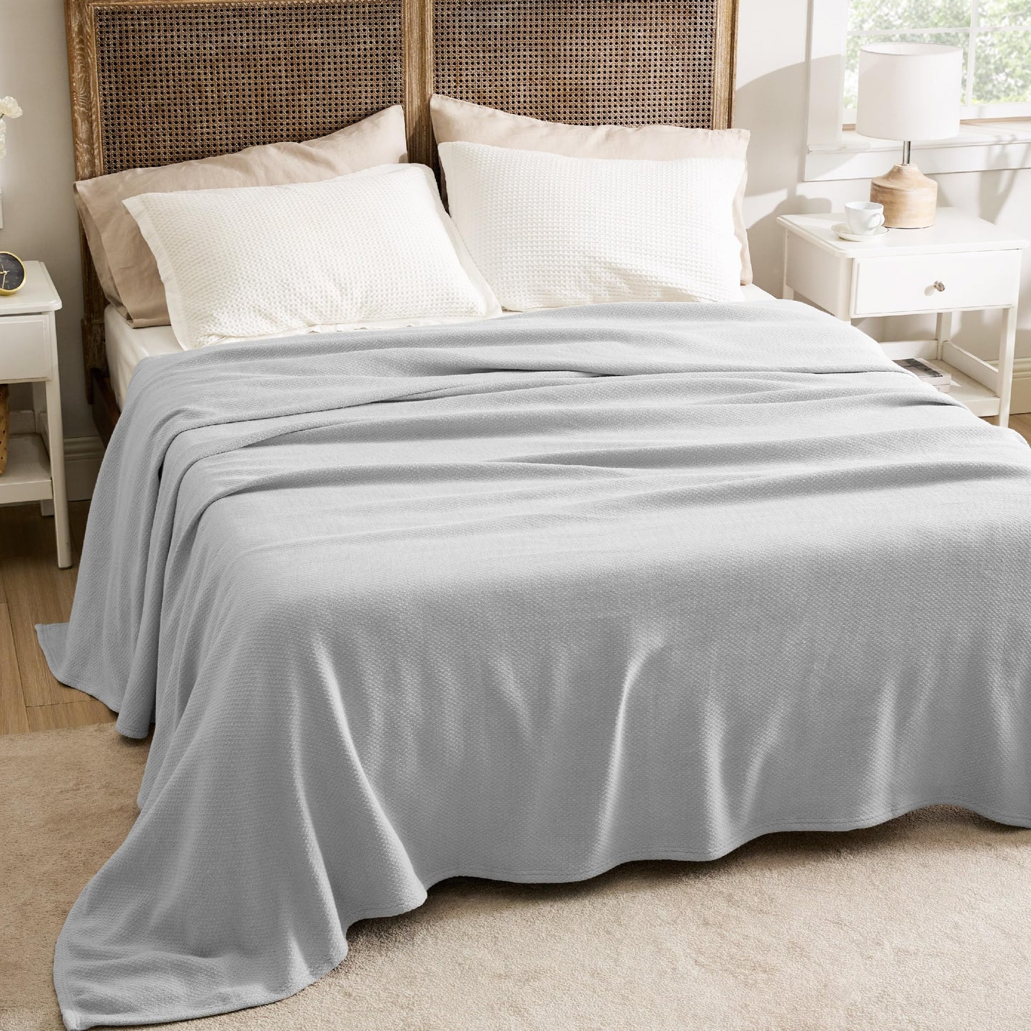 Bedsure 100% Cotton Blanket King Size for Bed - Breathable and Lightweight, Soft Cozy Textured Herringbone Woven Blanket for Summer, Grey, 108x90 inches