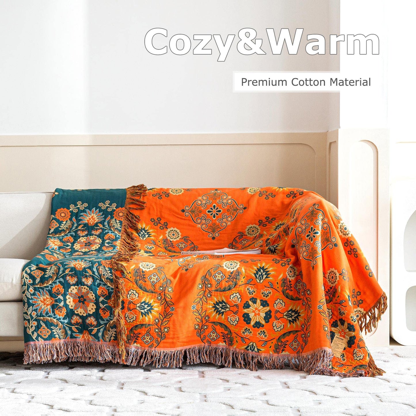 Boho Throw Blanket for Bed 100% Cotton Ultra Soft Rustic Quilt Floral Printed Farmhouse Decor Summer Bed Blankets,60"×80" All Season Rustic Large Throw for Sofa Couch Chair