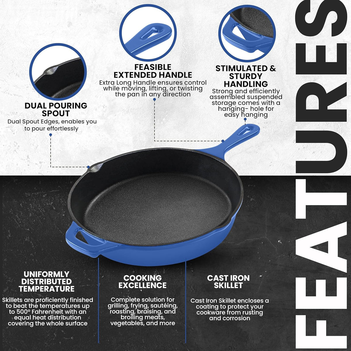 Utopia Kitchen Saute Frying Pan 12 Inch, Cast Iron Chefs Pan, Pre Seasoned Cast iron Skillet With Lid, Safe Grill Cookware for Indoor & Outdoor Use, Blue