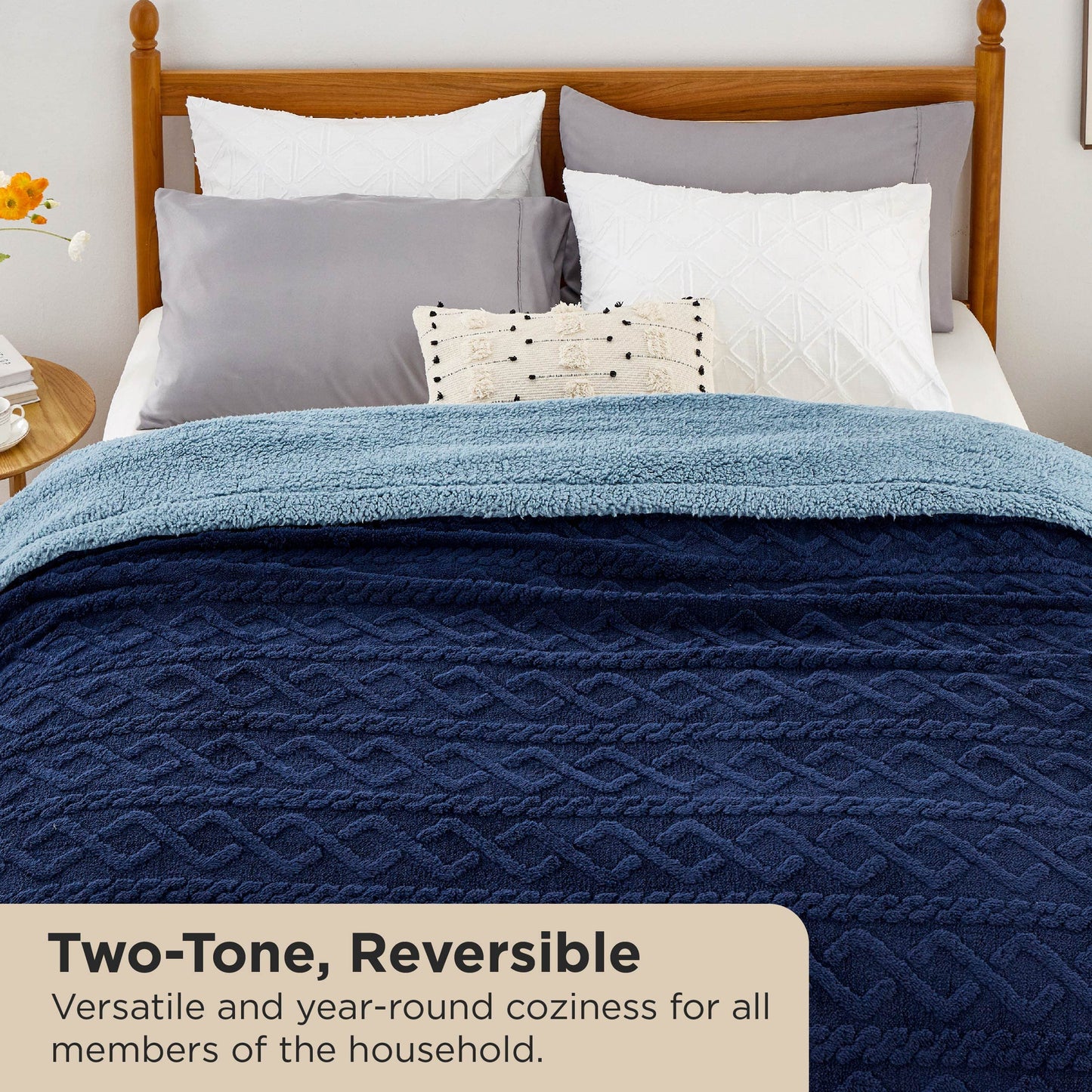 Bedsure Sherpa King Size Blanket for Bed- Fleece Soft Cozy Fuzzy Cable Blankets for Women, Thick Warm for Winter and All Seasons, Navy, 108x90 Inches