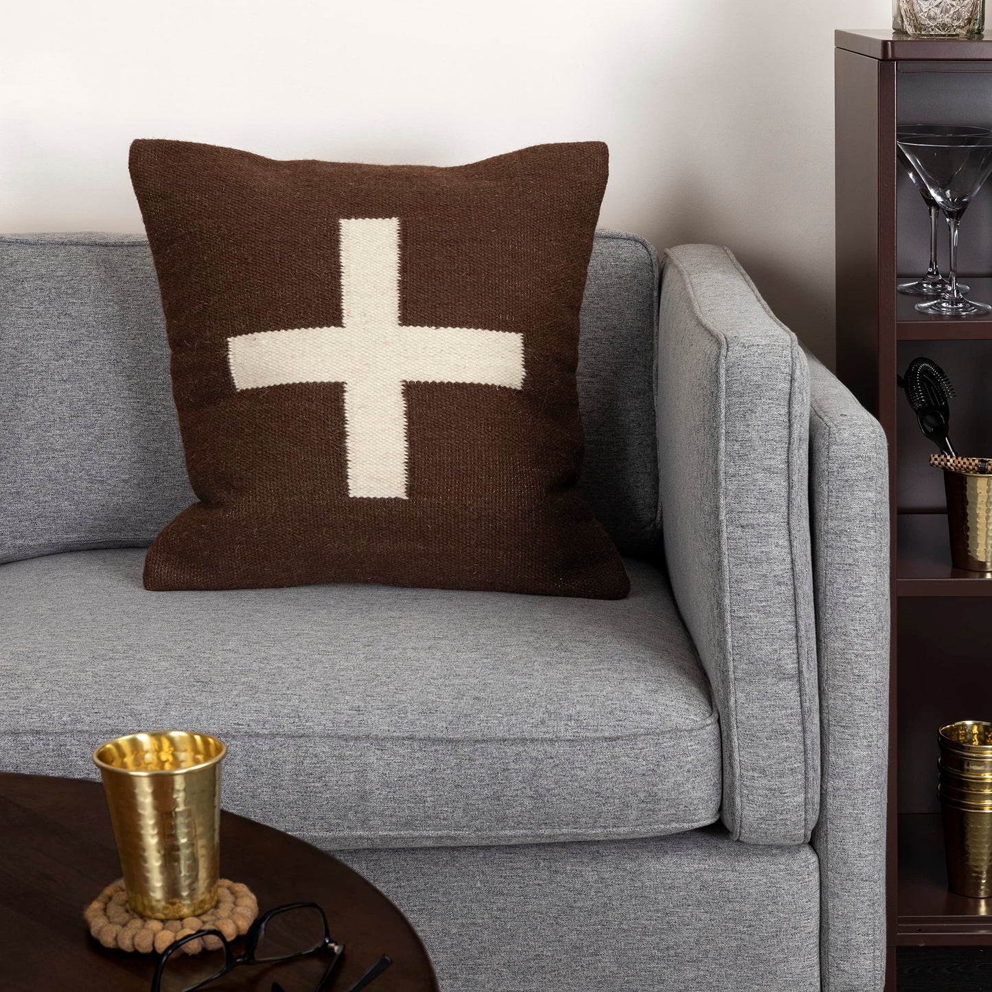 Creative Co-Op Swiss Cross Cotton Wool Throw Natural Pillow, Brown and Cream