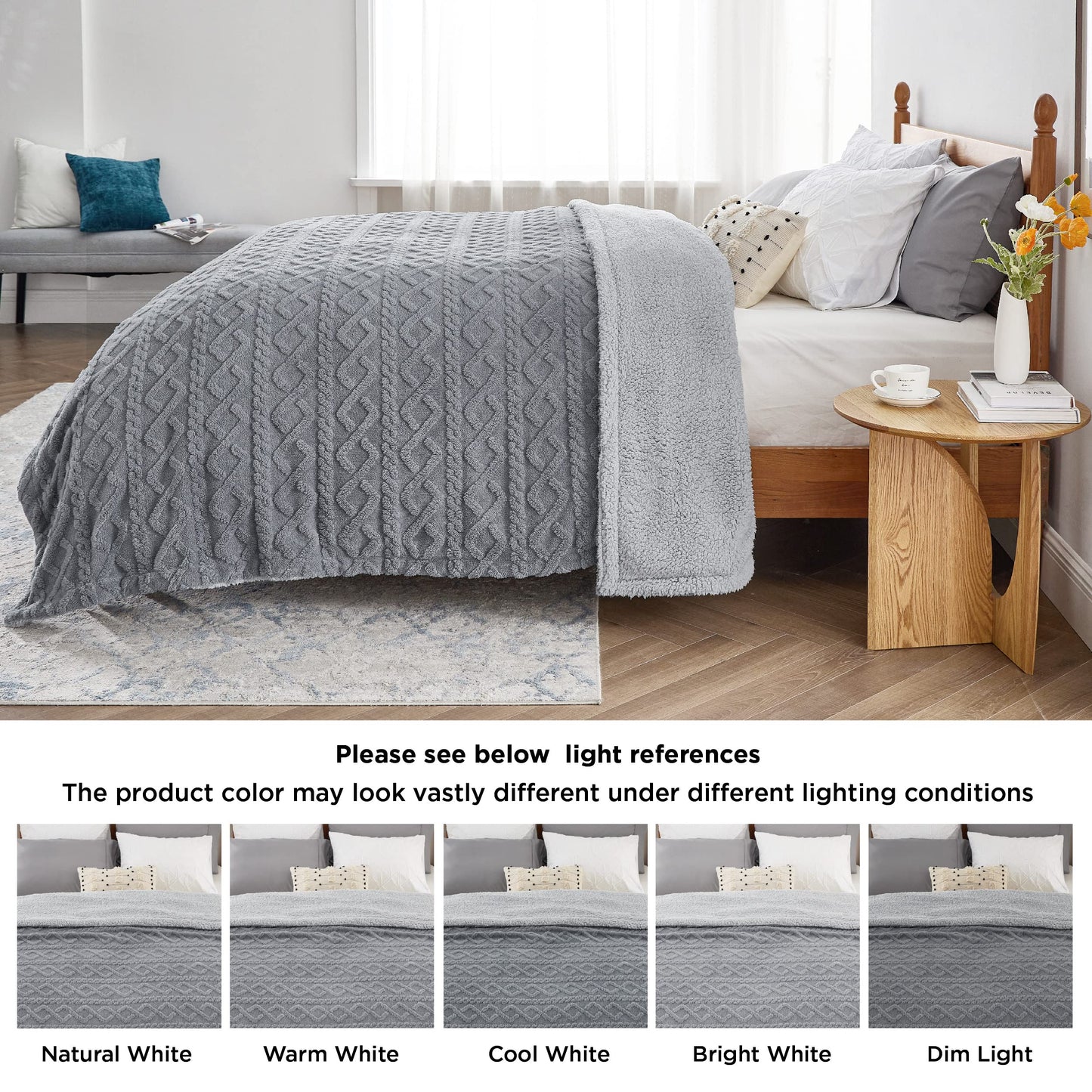 Bedsure Sherpa King Size Blanket for Bed- Fleece Soft Cozy Fuzzy Cable Blankets for Women, Thick Warm for Winter and All Seasons, Grey, 108x90 Inches