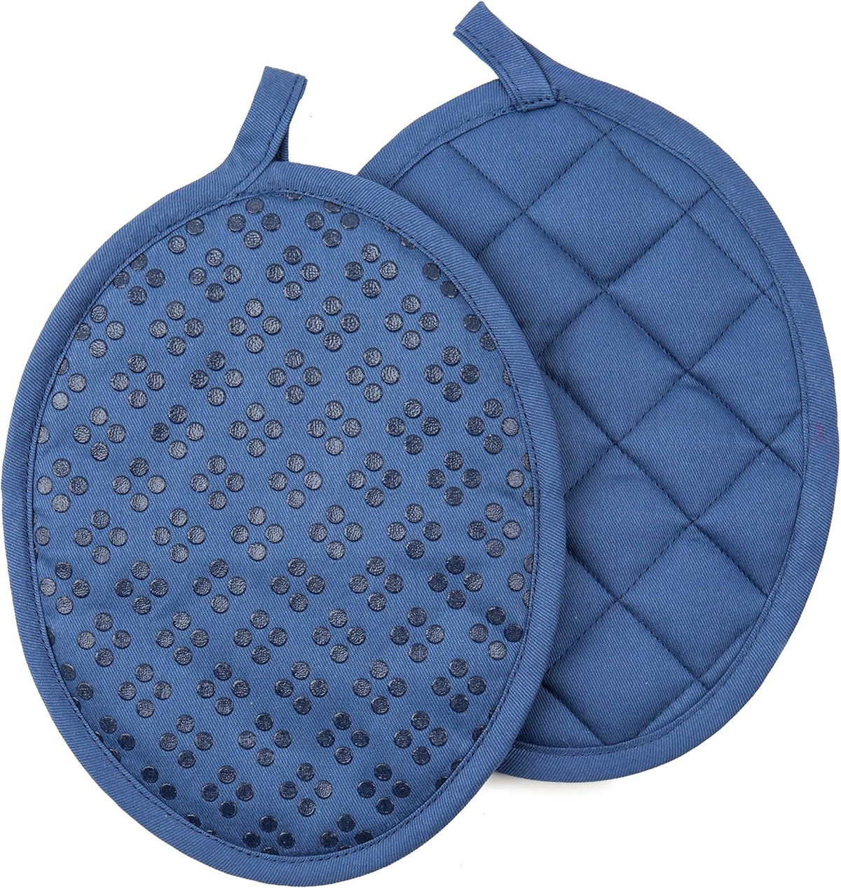 Sticky Toffee Oven Mitt and Pot Holder Set of 3 – Dark Blue Non-Slip Silicone Kitchen Hot Pads and Mitts, 100% Cotton Shell, Oeko-Tex Cotton
