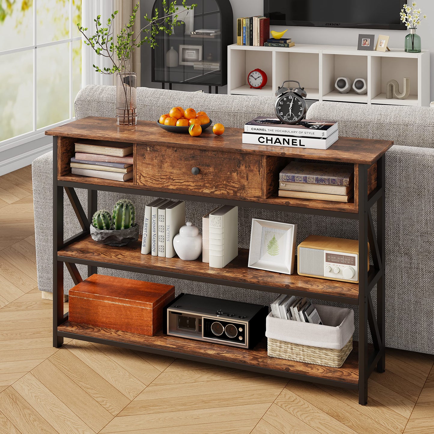 Mexin Console Table with Drawer Shelves, Entryway Table with 3 Tier Storage Shelves, Industrial Wood Hallway Sofa Table for Living Room, Couch, Foyer, Kitchen Counter, 47 Inch Rustic Brown