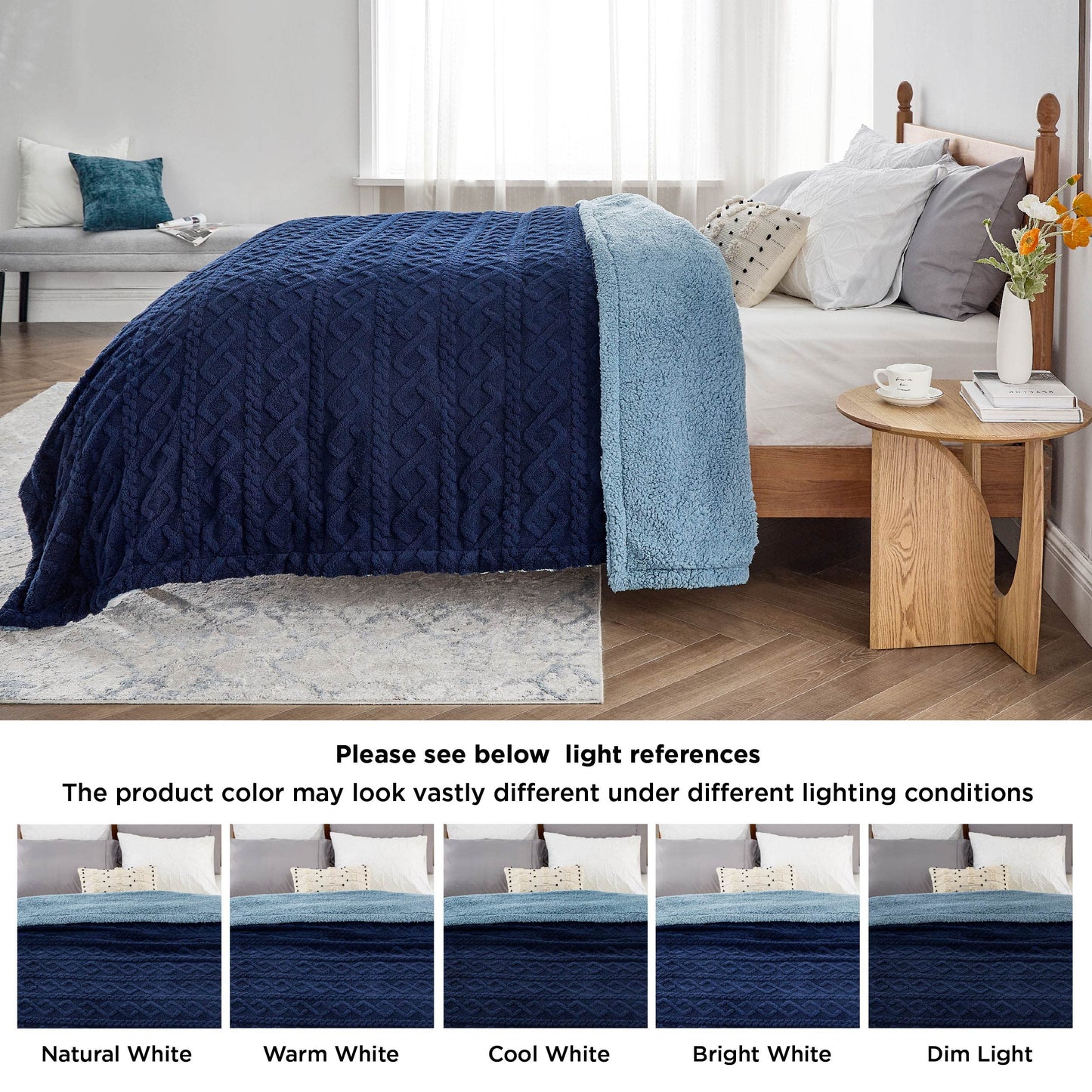 Bedsure Sherpa King Size Blanket for Bed- Fleece Soft Cozy Fuzzy Cable Blankets for Women, Thick Warm for Winter and All Seasons, Navy, 108x90 Inches