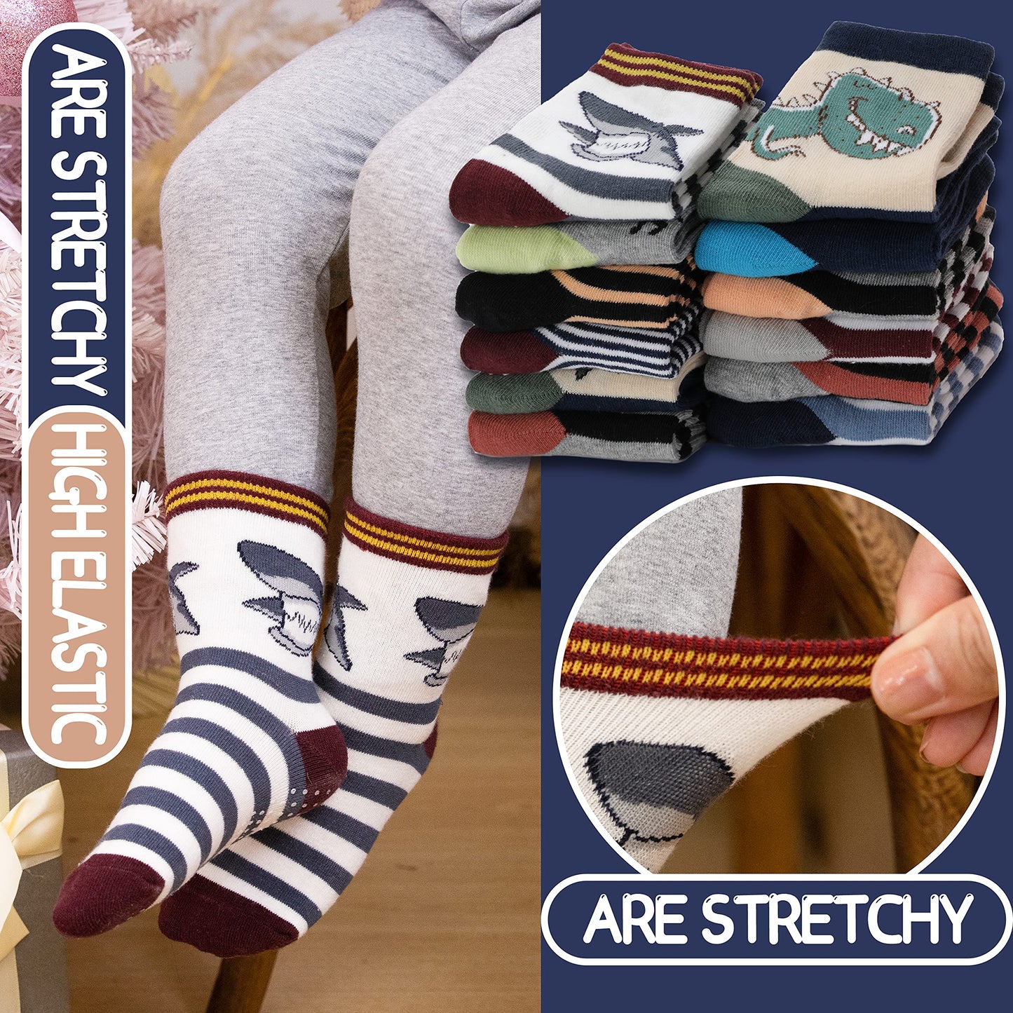 ANTSANG Baby Boys Grips Socks Kids Toddlers Infants Gifts Non Slip/Anti Skid Crew Cotton Socks 12 Pairs Gifts for Boys Kids Stocking Stuffers (Brown Striped(12 Pairs),3-5 Y)